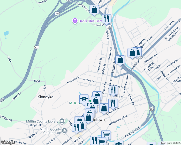 map of restaurants, bars, coffee shops, grocery stores, and more near 131 North Walnut Street in Lewistown