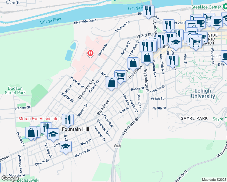 map of restaurants, bars, coffee shops, grocery stores, and more near 829 Broadway in Bethlehem
