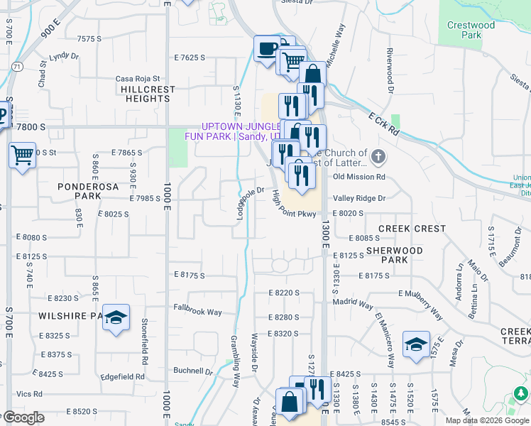 map of restaurants, bars, coffee shops, grocery stores, and more near 1226 Tierney Circle in Sandy