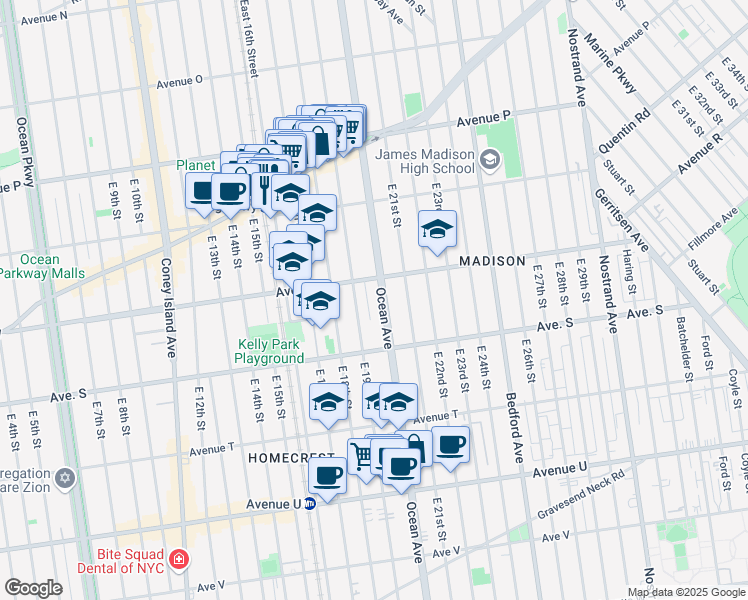 map of restaurants, bars, coffee shops, grocery stores, and more near 2330 Ocean Avenue in Brooklyn