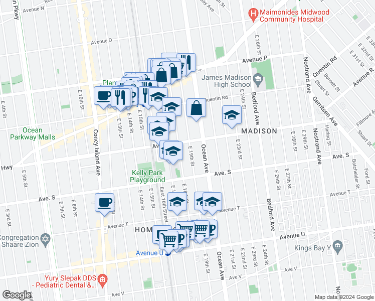 map of restaurants, bars, coffee shops, grocery stores, and more near 1845 East 18th Street in Brooklyn