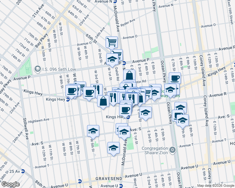 map of restaurants, bars, coffee shops, grocery stores, and more near 1763 West 1st Street in Brooklyn