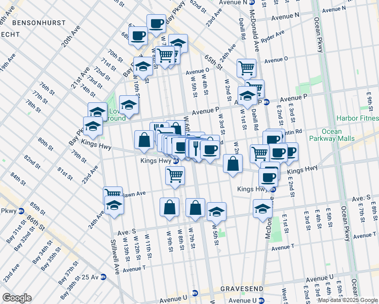 map of restaurants, bars, coffee shops, grocery stores, and more near 284 Kings Highway in Brooklyn