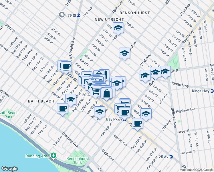 map of restaurants, bars, coffee shops, grocery stores, and more near 2032 84th Street in Brooklyn