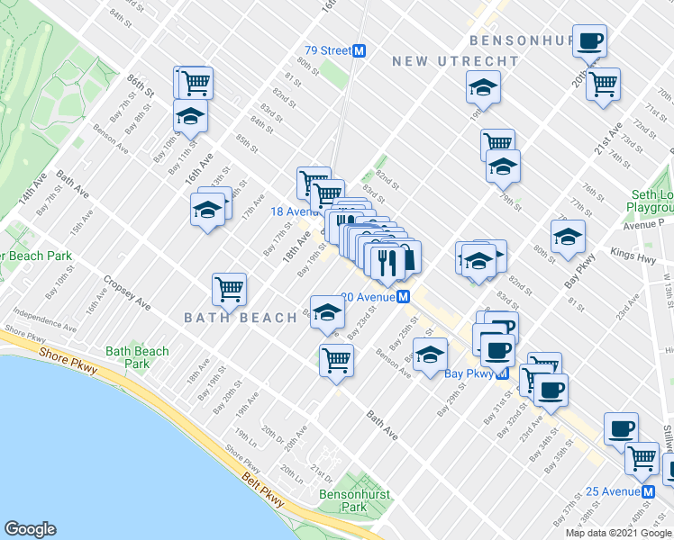 map of restaurants, bars, coffee shops, grocery stores, and more near 8637 19th Avenue in Brooklyn