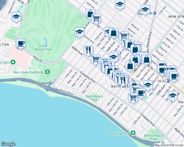 map of restaurants, bars, coffee shops, grocery stores, and more near 236 Bay 13th Street in Brooklyn
