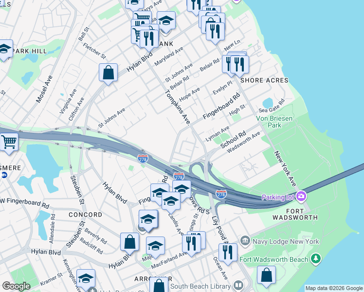 map of restaurants, bars, coffee shops, grocery stores, and more near 254 Fingerboard Road in Staten Island
