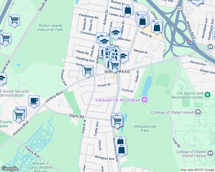 map of restaurants, bars, coffee shops, grocery stores, and more near 11 Dawson Court in Staten Island