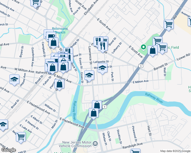 map of restaurants, bars, coffee shops, grocery stores, and more near 1566 Lawrence Street in Rahway