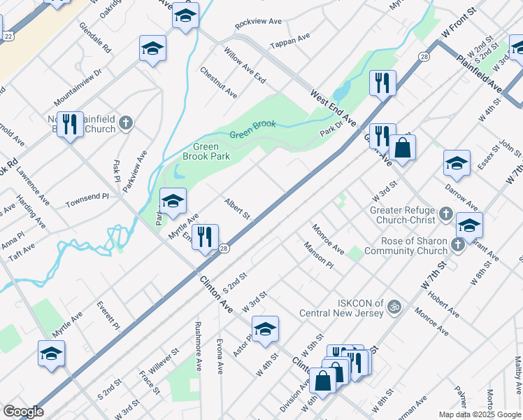 map of restaurants, bars, coffee shops, grocery stores, and more near 1043 West Front Street in Plainfield
