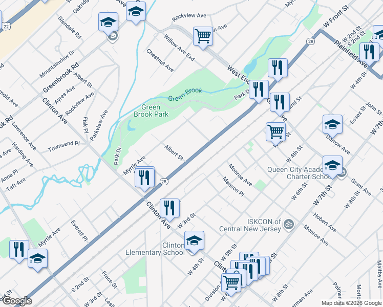 map of restaurants, bars, coffee shops, grocery stores, and more near 1043 West Front Street in Plainfield