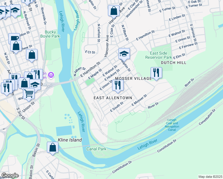 map of restaurants, bars, coffee shops, grocery stores, and more near 227 South Bradford Street in Allentown