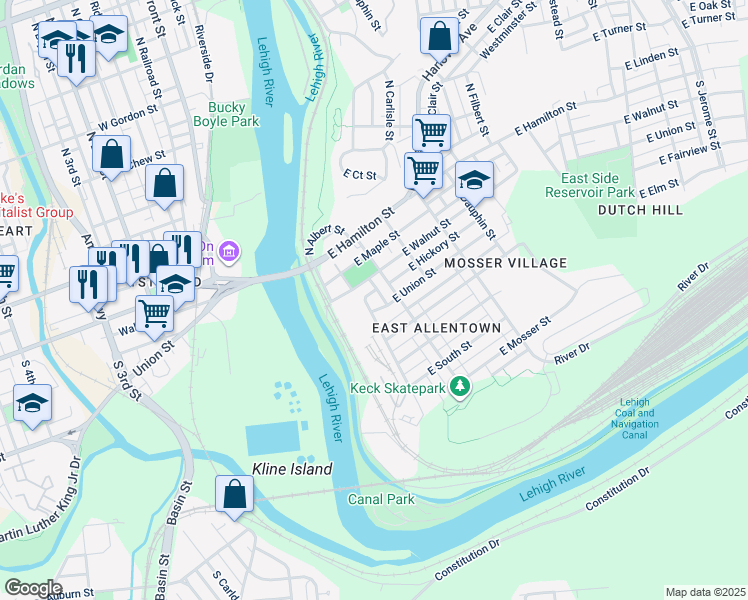 map of restaurants, bars, coffee shops, grocery stores, and more near 142 East Union Street in Allentown