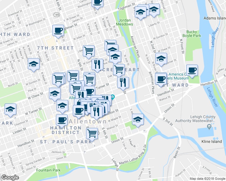 map of restaurants, bars, coffee shops, grocery stores, and more near 453 Linden Street in Allentown