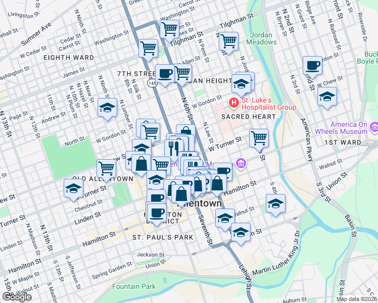 map of restaurants, bars, coffee shops, grocery stores, and more near 202 North 7th Street in Allentown