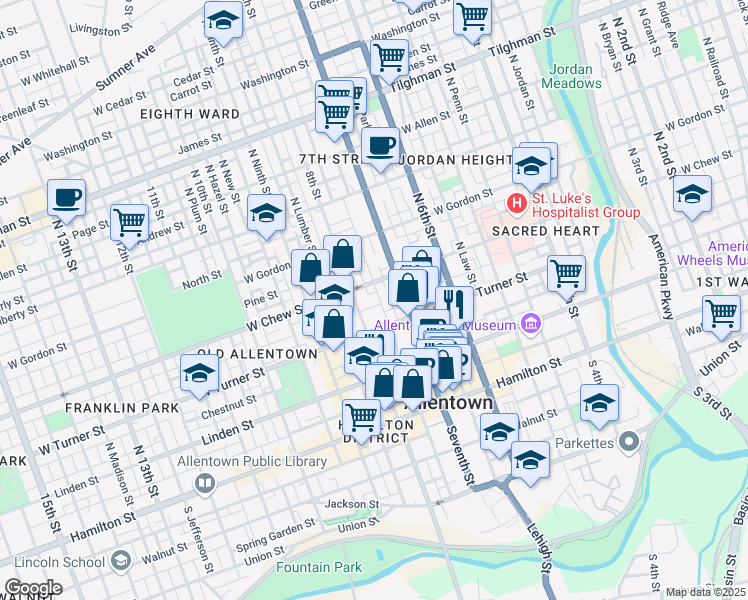 map of restaurants, bars, coffee shops, grocery stores, and more near 721 West Turner Street in Allentown