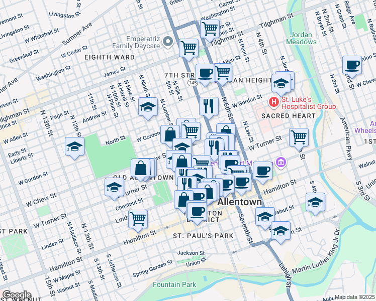 map of restaurants, bars, coffee shops, grocery stores, and more near 216 North Eighth Street in Allentown