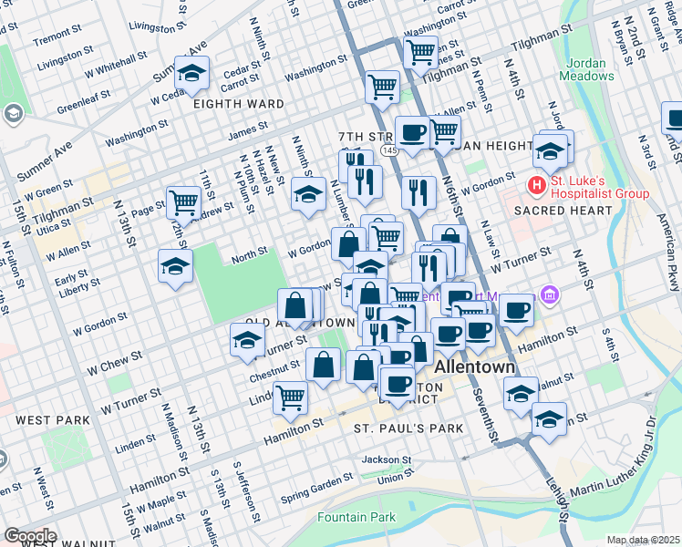 map of restaurants, bars, coffee shops, grocery stores, and more near 235 North Ninth Street in Allentown