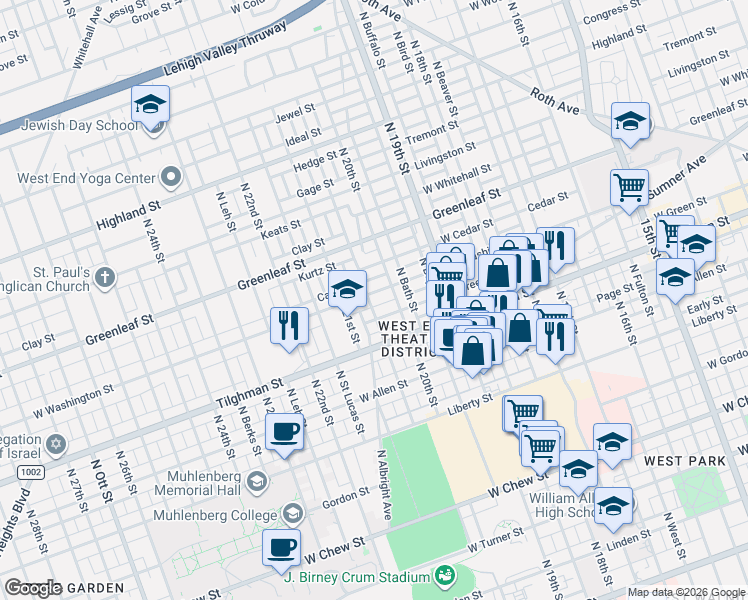 map of restaurants, bars, coffee shops, grocery stores, and more near 2014 Green Street in Allentown