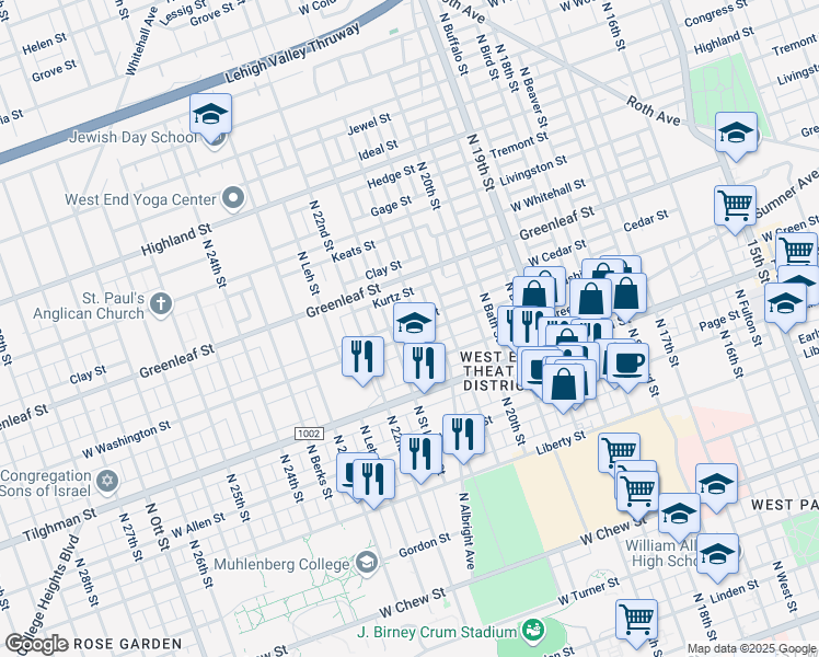 map of restaurants, bars, coffee shops, grocery stores, and more near 2128 West Washington Street in Allentown