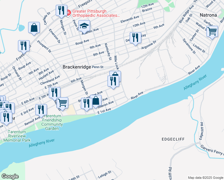 map of restaurants, bars, coffee shops, grocery stores, and more near 1106 Nelson Avenue in Brackenridge