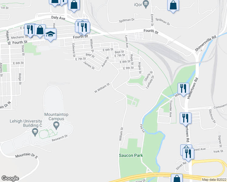 map of restaurants, bars, coffee shops, grocery stores, and more near 934 William Street in Bethlehem