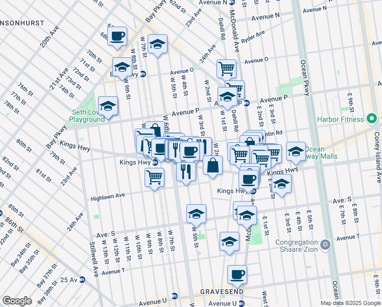 map of restaurants, bars, coffee shops, grocery stores, and more near 355 Kings Highway in Brooklyn