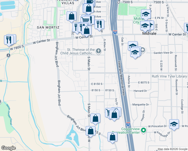 map of restaurants, bars, coffee shops, grocery stores, and more near 675 West Wasatch Street in Midvale