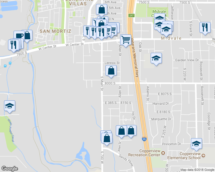 map of restaurants, bars, coffee shops, grocery stores, and more near 675 West Wasatch Street in Midvale