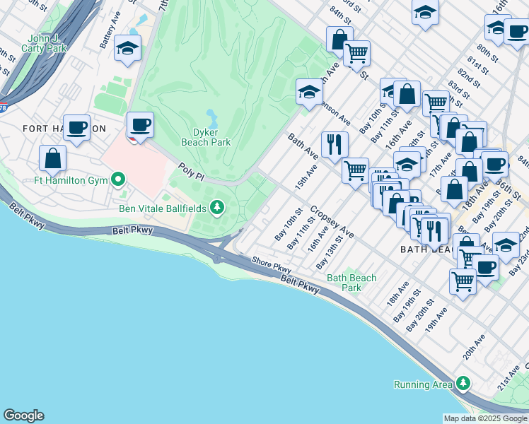 map of restaurants, bars, coffee shops, grocery stores, and more near 307 Bay 8th Street in Brooklyn