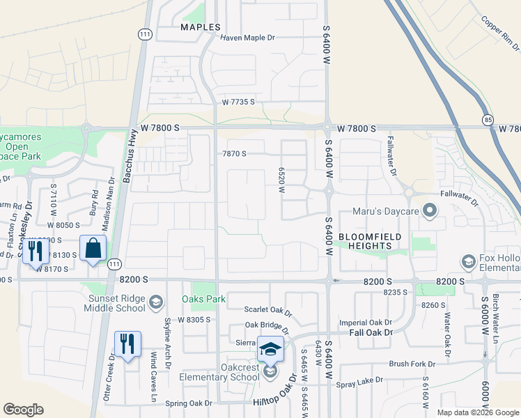 map of restaurants, bars, coffee shops, grocery stores, and more near 8018 South Ambrosia Lane in West Jordan