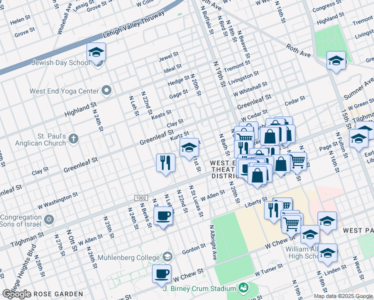 map of restaurants, bars, coffee shops, grocery stores, and more near 2128 West Washington Street in Allentown