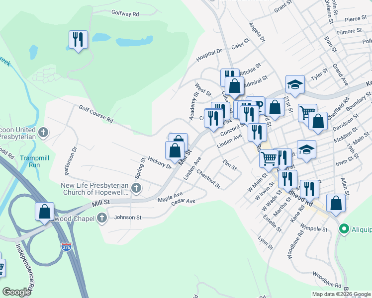 map of restaurants, bars, coffee shops, grocery stores, and more near 2459 Mill Street in Aliquippa
