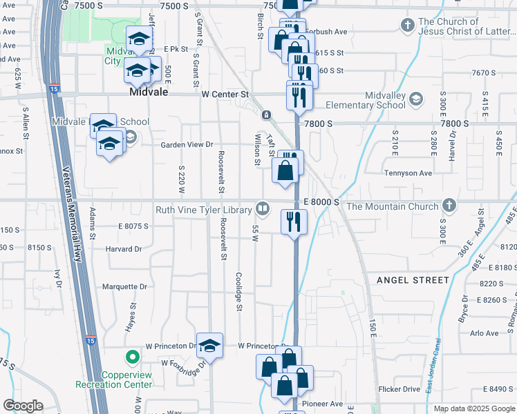 map of restaurants, bars, coffee shops, grocery stores, and more near 49 West Wasatch Street in Midvale