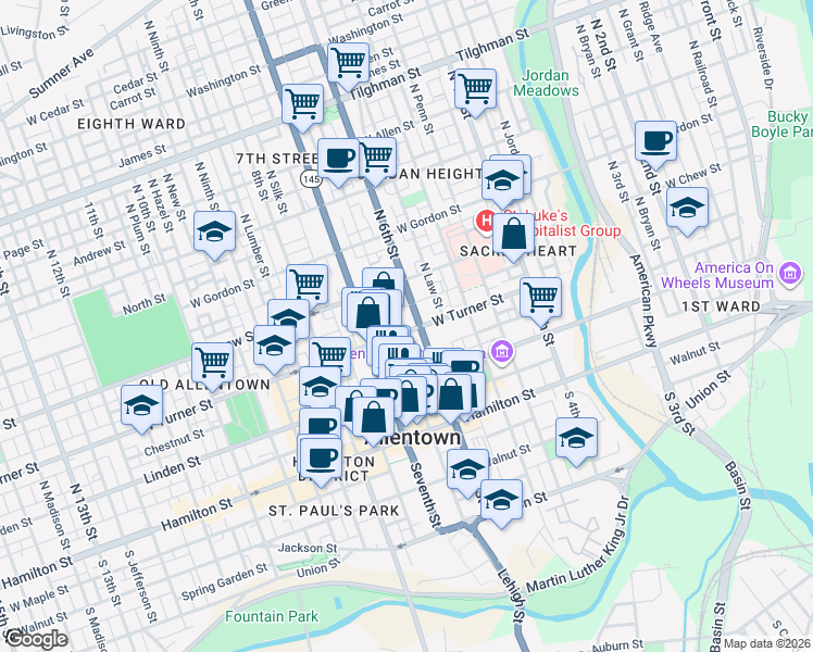 map of restaurants, bars, coffee shops, grocery stores, and more near 124-126 North 6th Street in Allentown