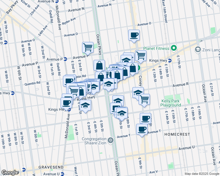 map of restaurants, bars, coffee shops, grocery stores, and more near 1777 Ocean Parkway in Brooklyn