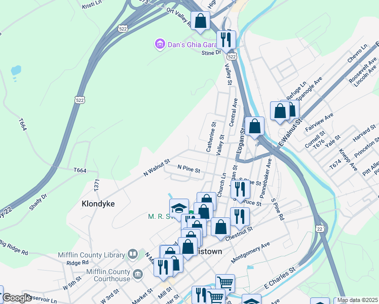 map of restaurants, bars, coffee shops, grocery stores, and more near 135 North Walnut Street in Lewistown