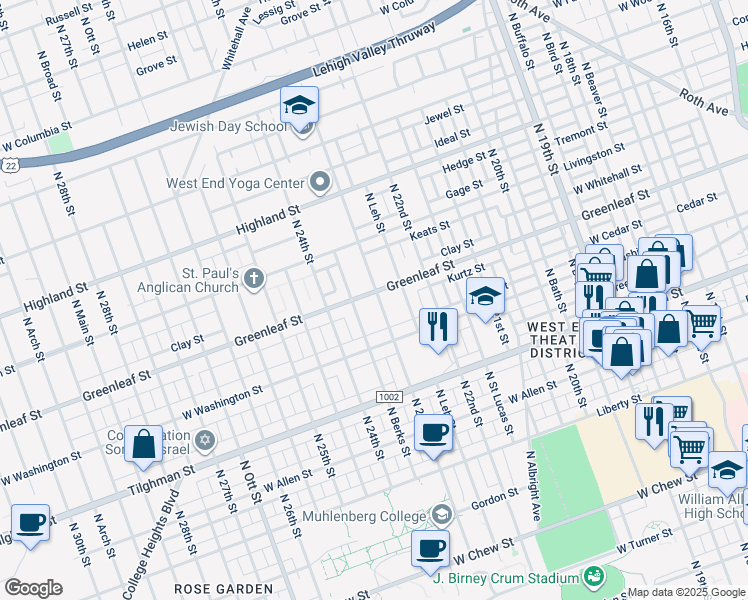 map of restaurants, bars, coffee shops, grocery stores, and more near 2304 Greenleaf Street in Allentown