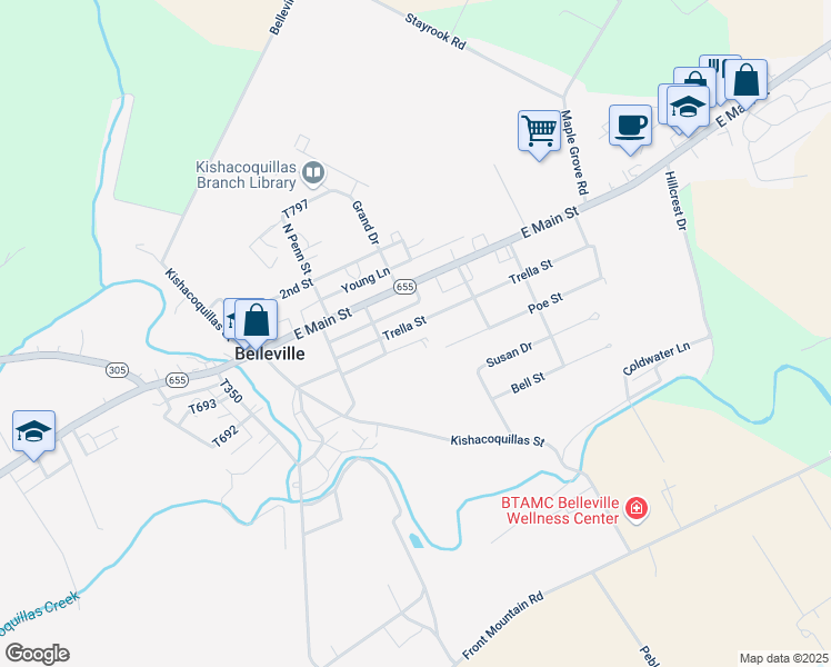 map of restaurants, bars, coffee shops, grocery stores, and more near 132 Trella Street in Belleville