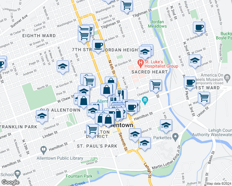map of restaurants, bars, coffee shops, grocery stores, and more near 615 West Turner Street in Allentown