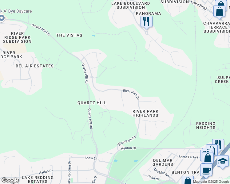 map of restaurants, bars, coffee shops, grocery stores, and more near 350 River Park Drive in Redding