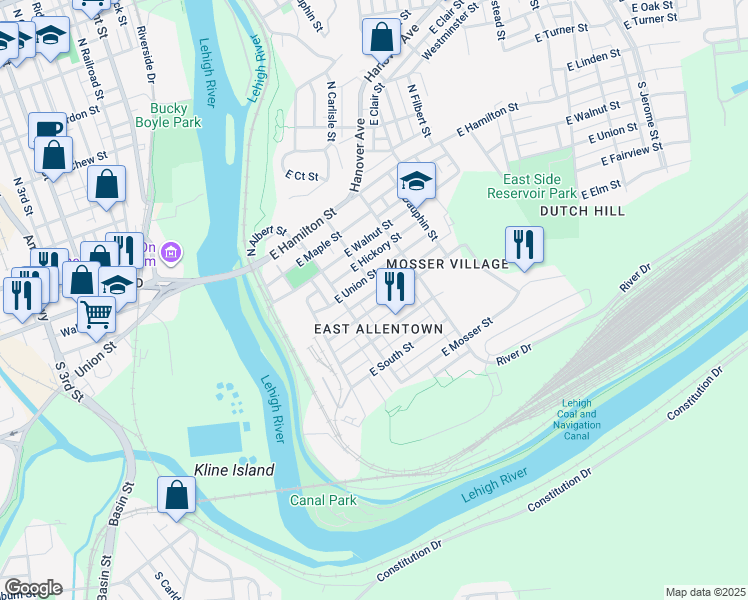 map of restaurants, bars, coffee shops, grocery stores, and more near 227 South Bradford Street in Allentown