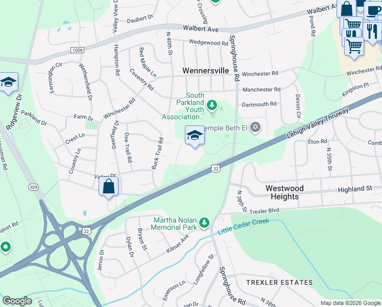 map of restaurants, bars, coffee shops, grocery stores, and more near 1200 Springhouse Road in Allentown