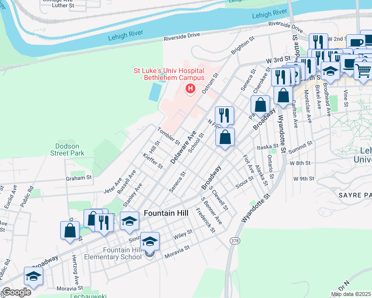 map of restaurants, bars, coffee shops, grocery stores, and more near 934 Delaware Avenue in Fountain Hill