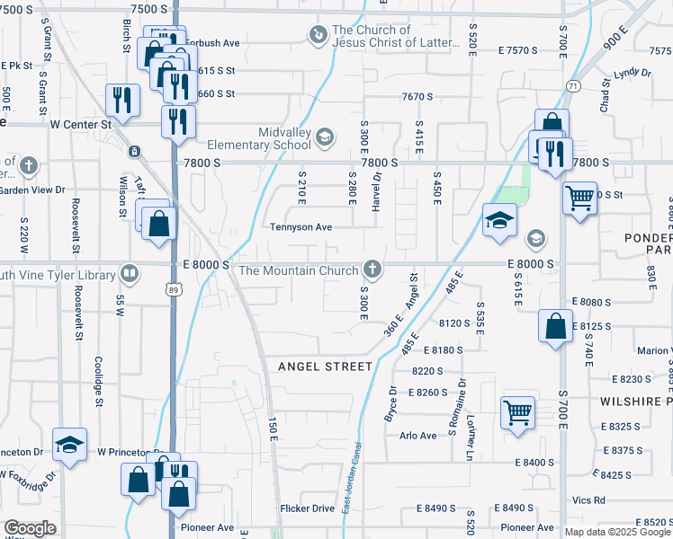 map of restaurants, bars, coffee shops, grocery stores, and more near 258 East 8000 South in Sandy