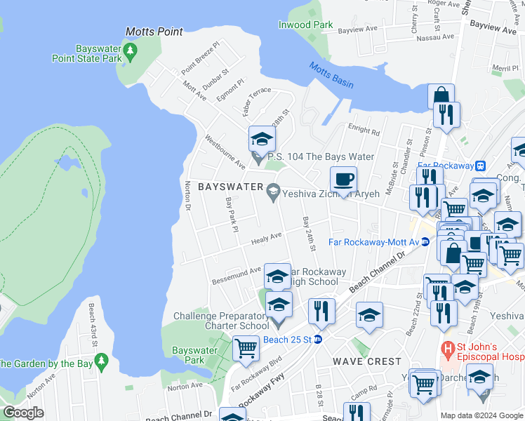 map of restaurants, bars, coffee shops, grocery stores, and more near 12-04 Bay 27th Street in Queens