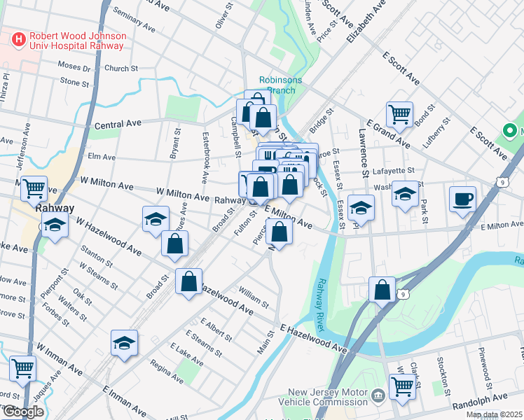 map of restaurants, bars, coffee shops, grocery stores, and more near 123 East Milton Avenue in Rahway