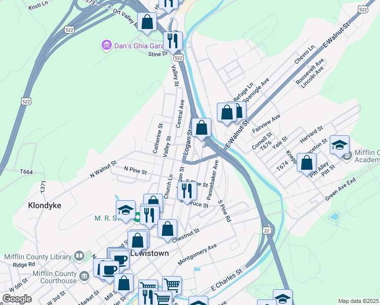 map of restaurants, bars, coffee shops, grocery stores, and more near 324 Logan Street in Lewistown