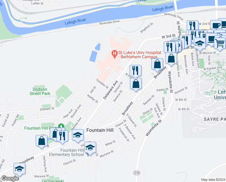 map of restaurants, bars, coffee shops, grocery stores, and more near 932 Delaware Avenue in Fountain Hill
