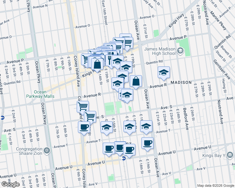 map of restaurants, bars, coffee shops, grocery stores, and more near 1836 East 17th Street in Brooklyn